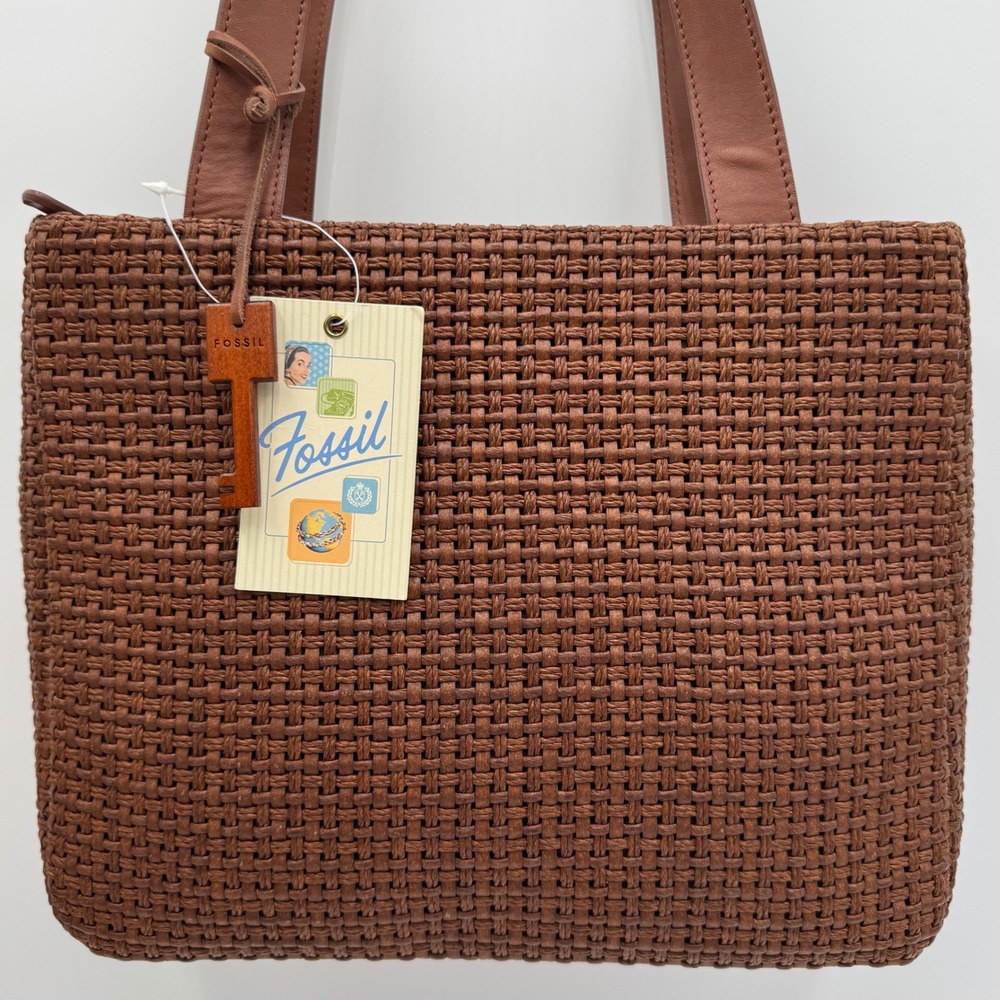 NWT Fossil Constance Shopper Tote Basketweave Shoulder Bag Women Brown Boho Chic - Picture 6 of 16